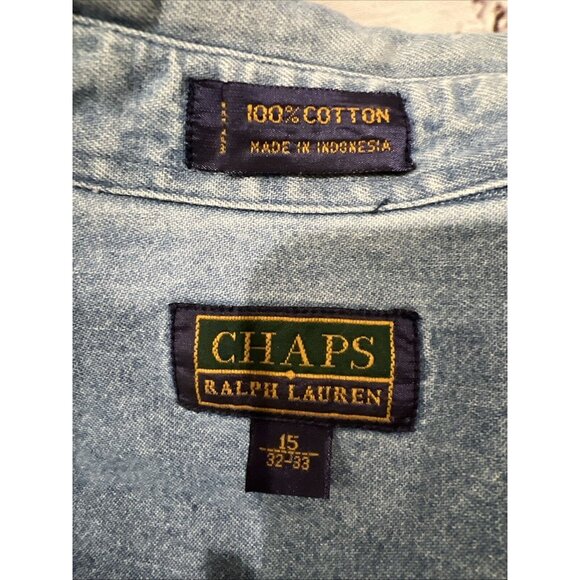 Vintage 90s CHAPS RALPH LAUREN Chambray Denim Shirt Mens 15 32/33 Blue Cotton - Picture 8 of 11
